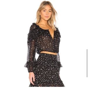 LoveShackFancy Black Ruffle Popover Floral blouse in Black Jardin Size Small